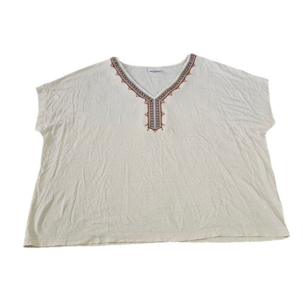 J. Jill Womens 2X Linen Blend Embroidered V-Neck Top Cream Short Sleeve Boho